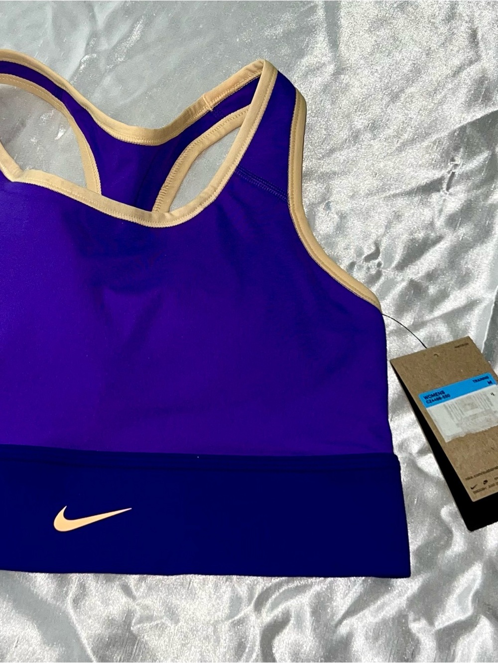 Nike Purple Sports Bra with Beige Trim and Navy Band